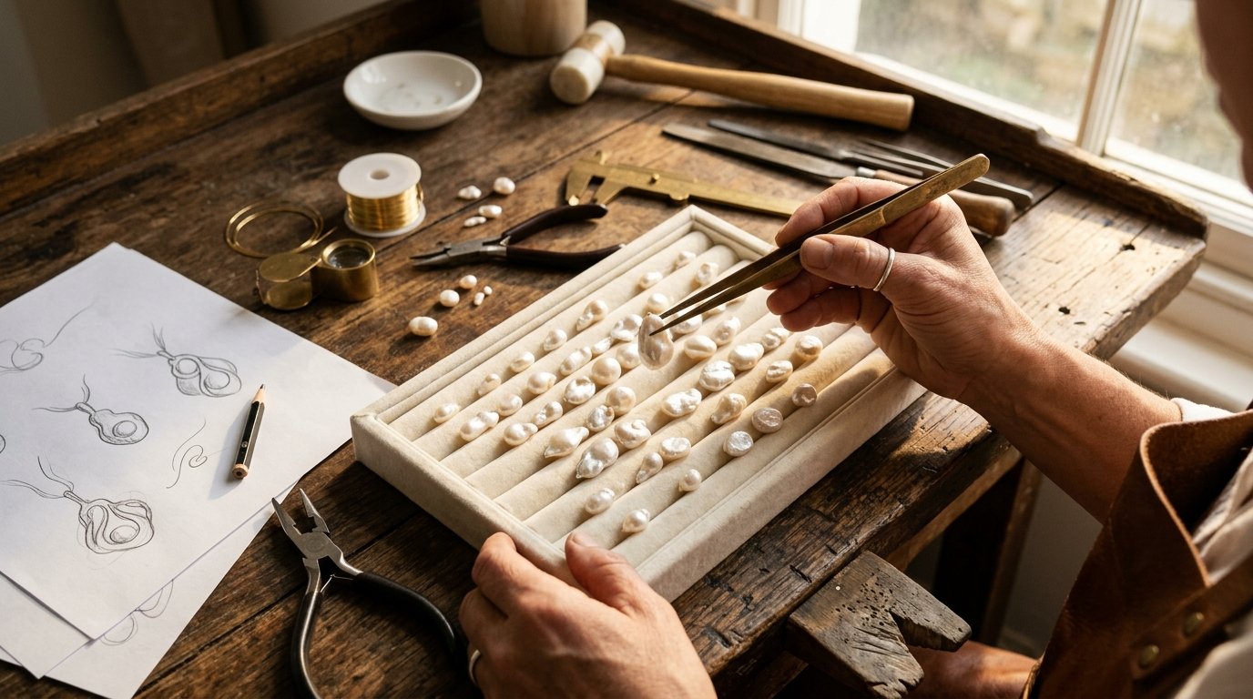 Artisan jeweler selecting raw natural baroque pearls at the iBIJOUX Montreal studio bench