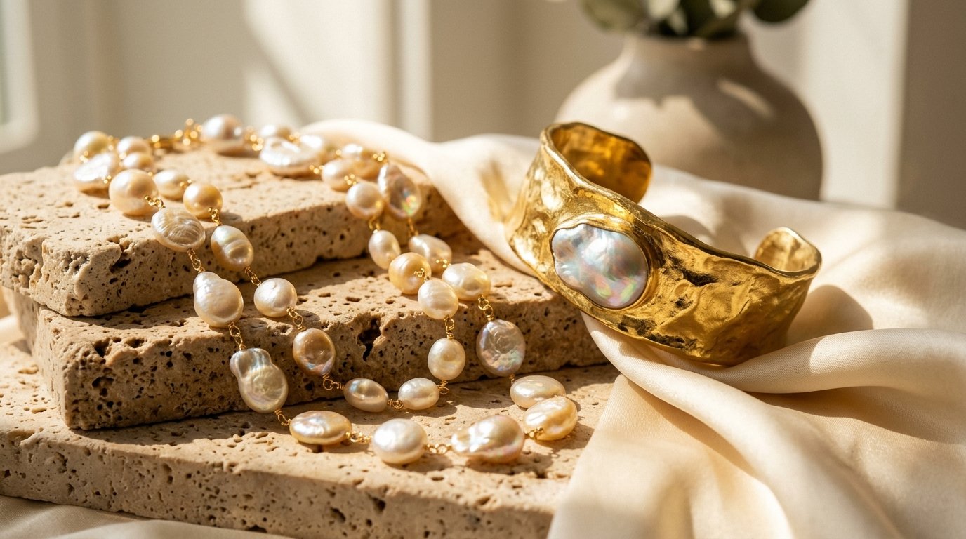 18k gold baroque pearl cuff bracelet and delicate gold chain