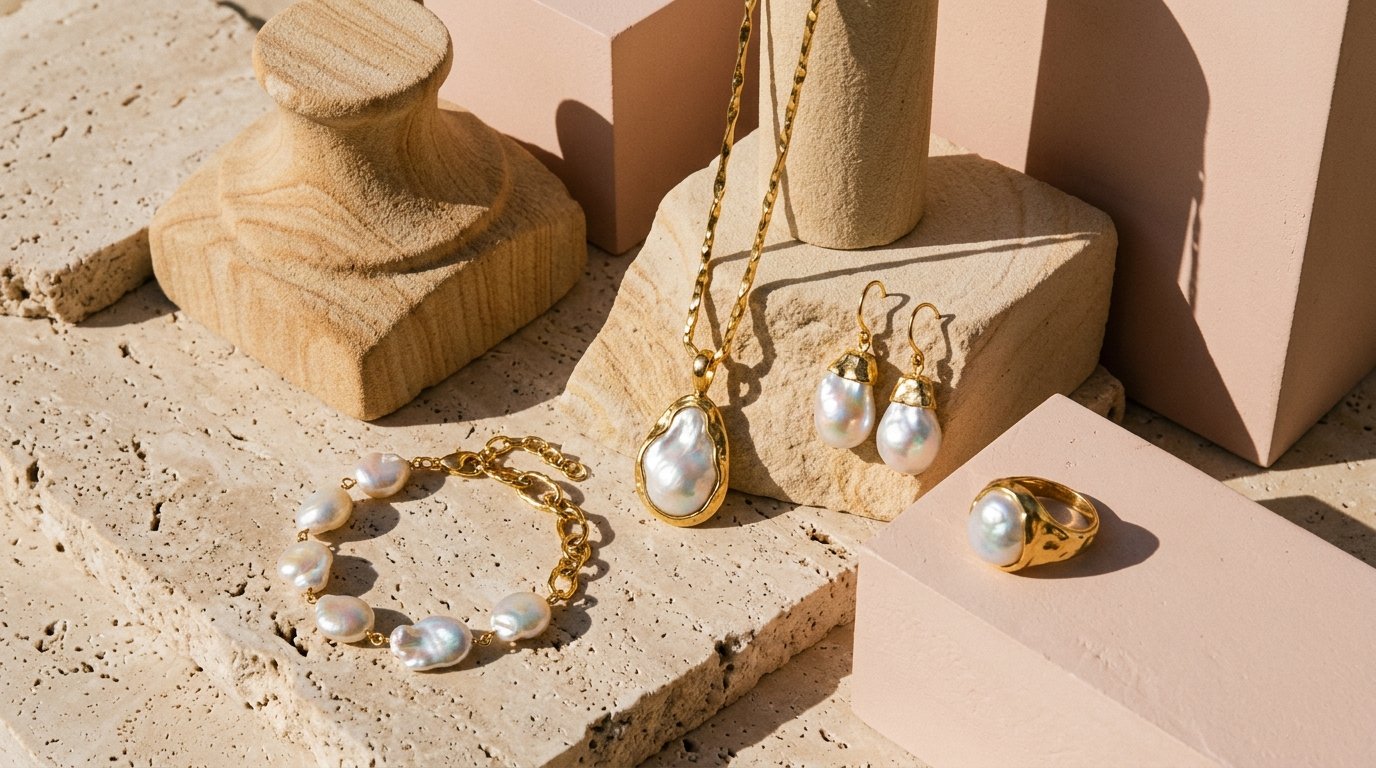 iBIJOUX signature baroque pearl collection flat-lay on sandstone blocks