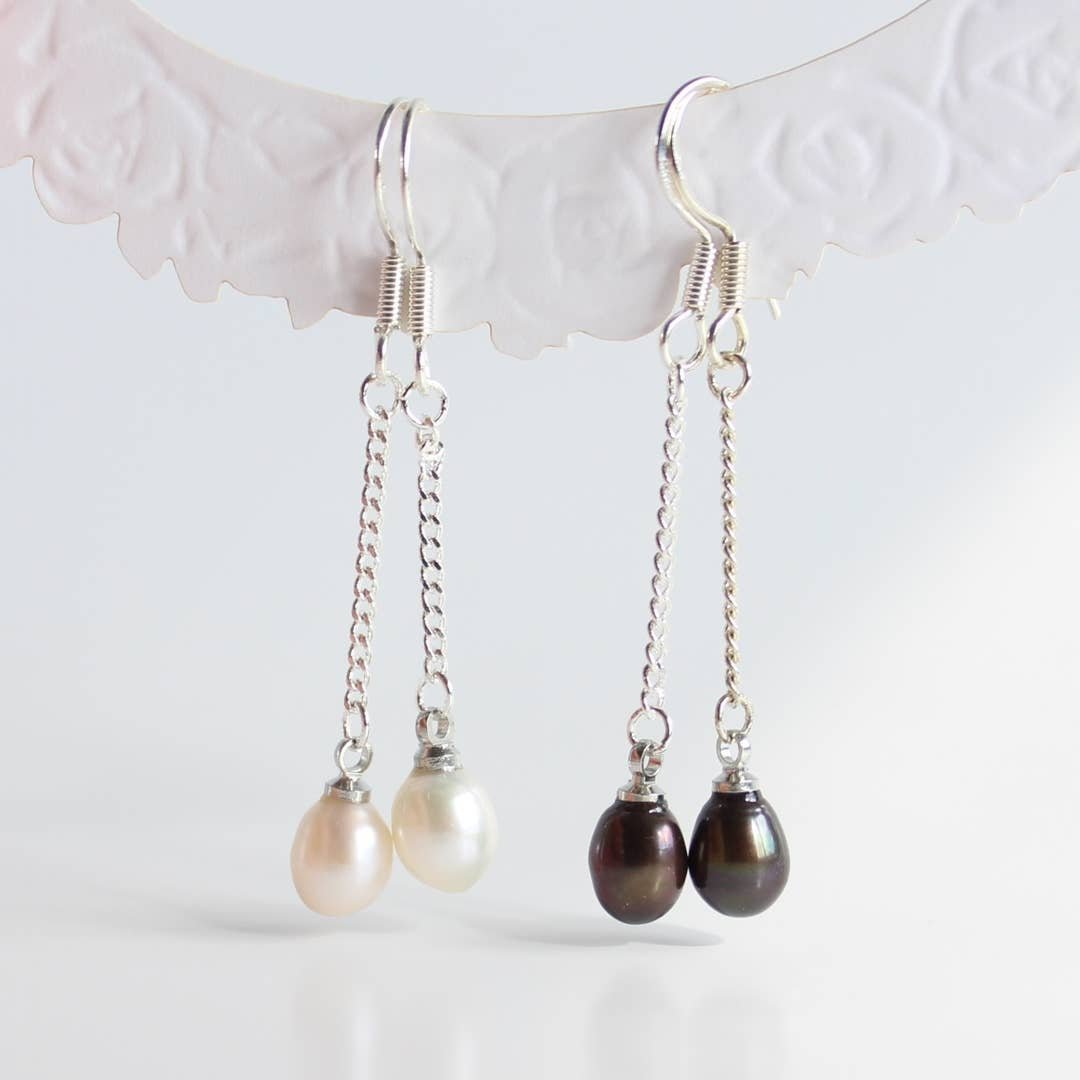 Freshwater Pearl Long Dangle Earrings Sterling Silver